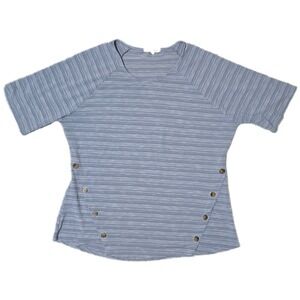 Above and Beyond Women's 2X Blue Striped Button Accent Short Sleeve Top (V)‎
